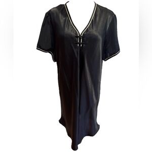 90s HALSTON BLACK SATIN ASIAN INSPIRED OVERSIZED TUNIC NIGHTGOWN CREAM PIPING XL